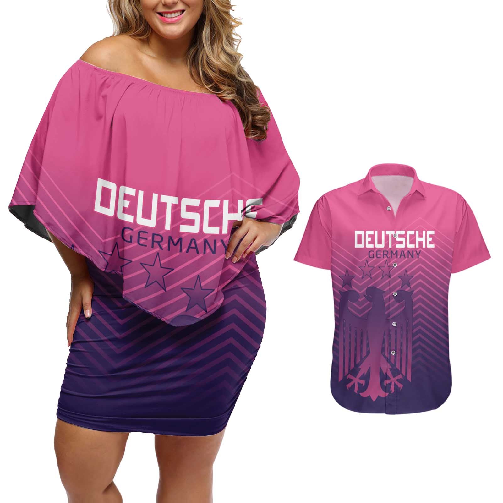 Custom Germany Football Couples Matching Off Shoulder Short Dress and Hawaiian Shirt Glowing Pink Line LT9 - Wonder Print Shop