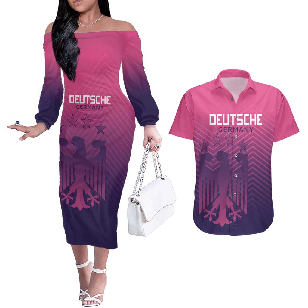 Custom Germany Football Couples Matching Off The Shoulder Long Sleeve Dress and Hawaiian Shirt Glowing Pink Line LT9 - Wonder Print Shop