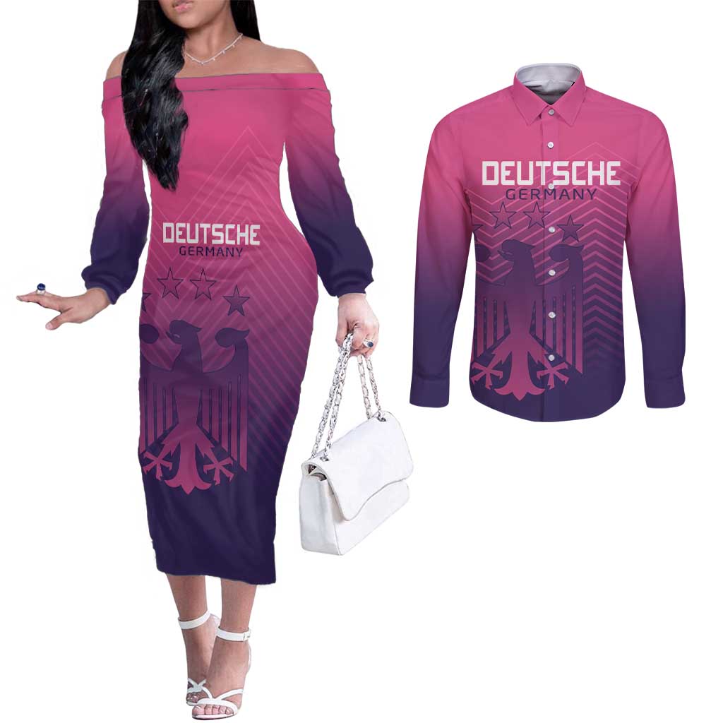 Custom Germany Football Couples Matching Off The Shoulder Long Sleeve Dress and Long Sleeve Button Shirt Glowing Pink Line