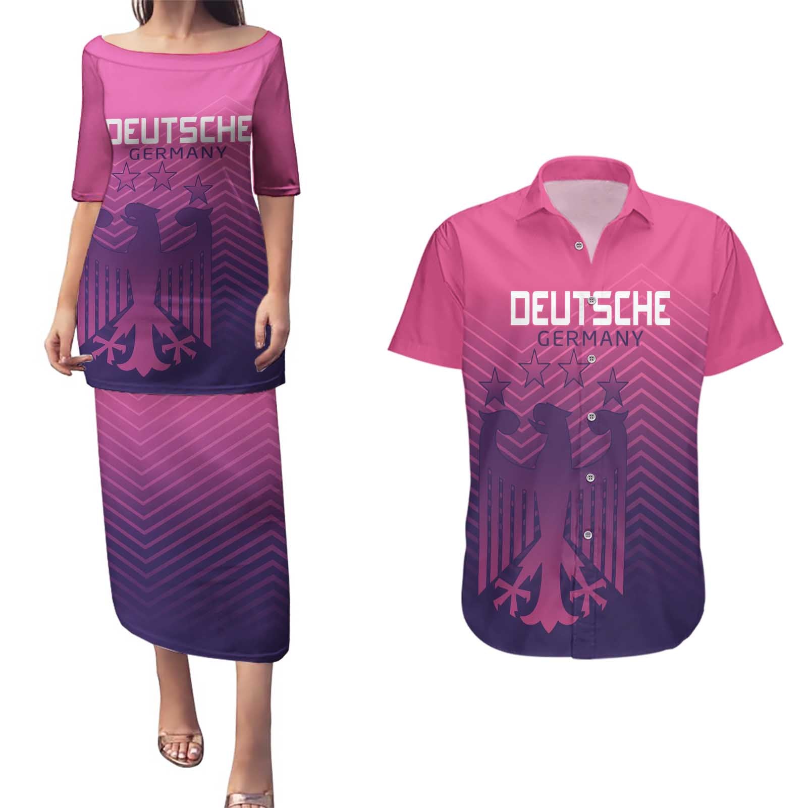 Custom Germany Football Couples Matching Puletasi and Hawaiian Shirt Glowing Pink Line LT9 - Wonder Print Shop