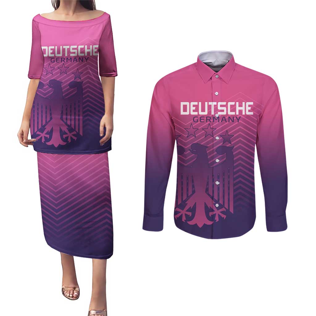 Custom Germany Football Couples Matching Puletasi and Long Sleeve Button Shirt Glowing Pink Line LT9 - Wonder Print Shop