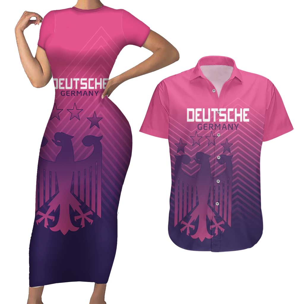 Custom Germany Football Couples Matching Short Sleeve Bodycon Dress and Hawaiian Shirt Glowing Pink Line LT9 - Wonder Print Shop