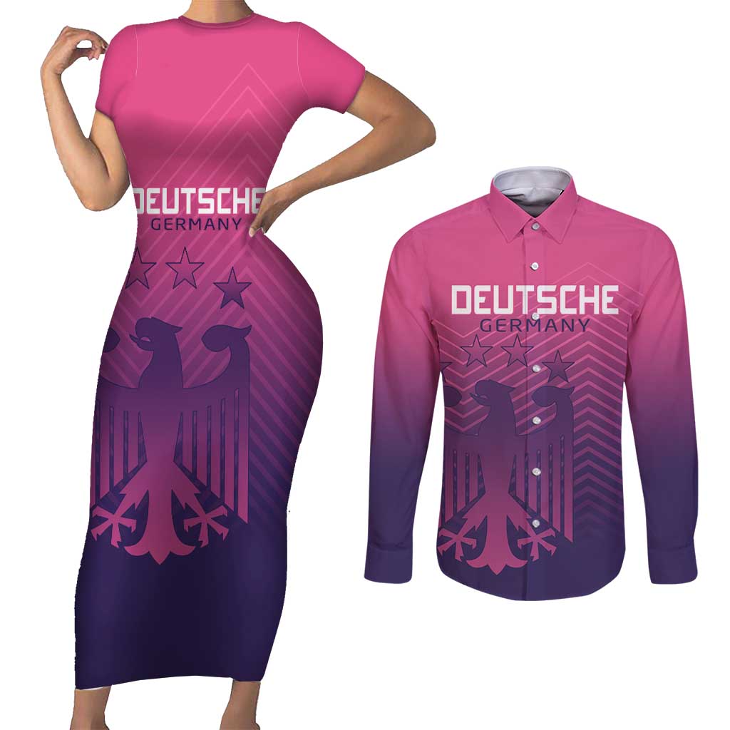 Custom Germany Football Couples Matching Short Sleeve Bodycon Dress and Long Sleeve Button Shirt Glowing Pink Line LT9 - Wonder Print Shop