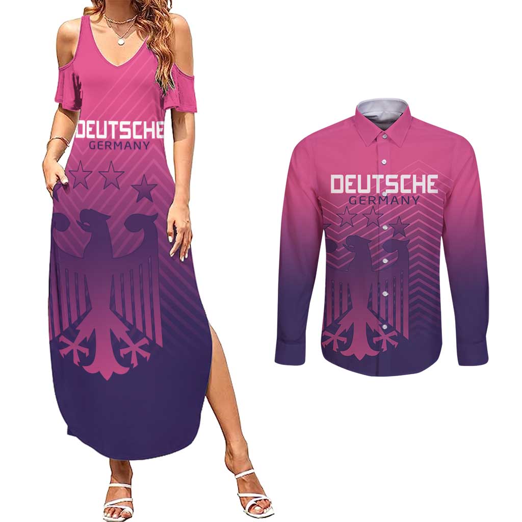 Custom Germany Football Couples Matching Summer Maxi Dress and Long Sleeve Button Shirt Glowing Pink Line LT9 - Wonder Print Shop