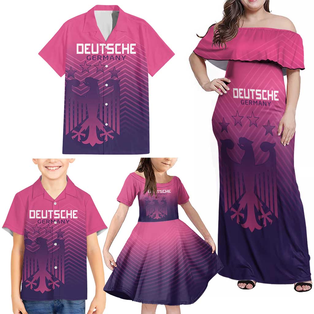 Custom Germany Football Family Matching Off Shoulder Maxi Dress and Hawaiian Shirt Glowing Pink Line LT9 - Wonder Print Shop