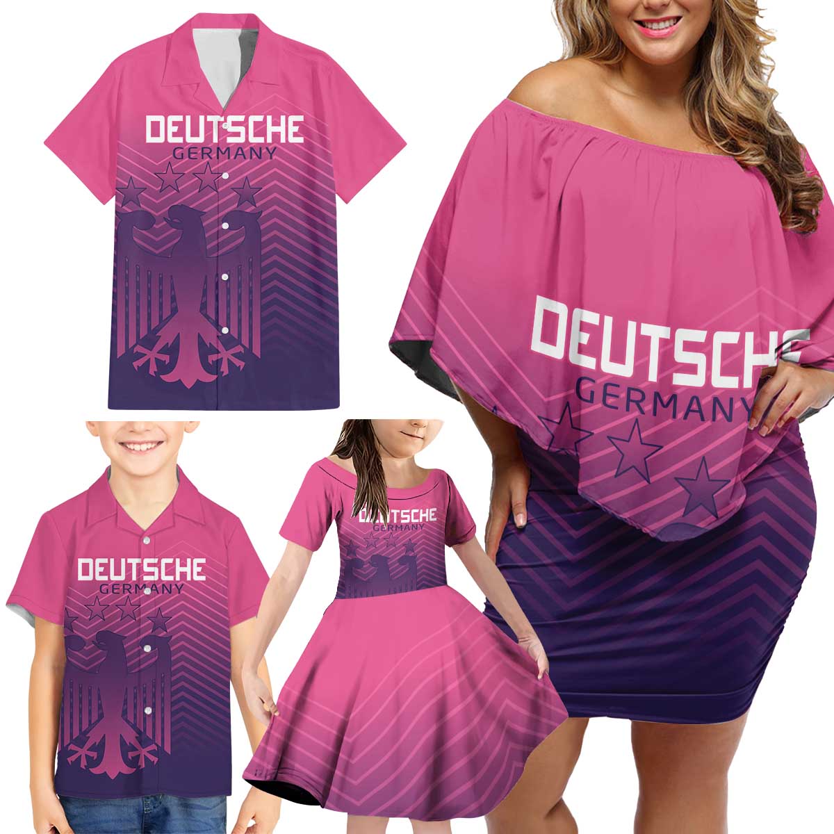 Custom Germany Football Family Matching Off Shoulder Short Dress and Hawaiian Shirt Glowing Pink Line LT9 - Wonder Print Shop