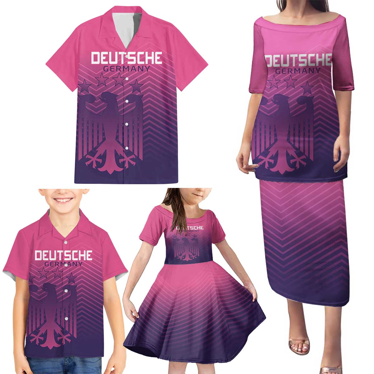 Custom Germany Football Family Matching Puletasi and Hawaiian Shirt Glowing Pink Line - Wonder Print Shop