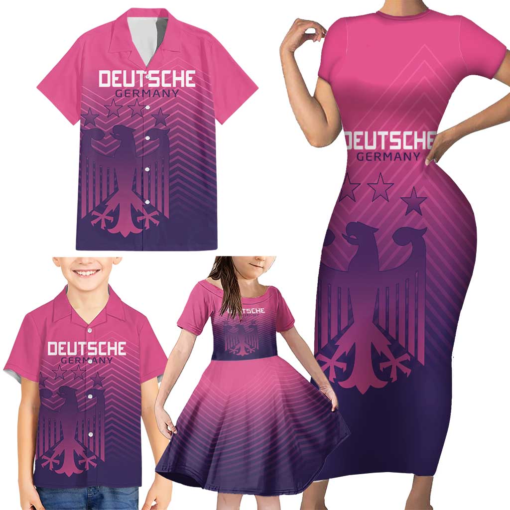 Custom Germany Football Family Matching Short Sleeve Bodycon Dress and Hawaiian Shirt Glowing Pink Line - Wonder Print Shop