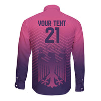 Unisex pink long-sleeve button football shirt with back text 21 and emblem