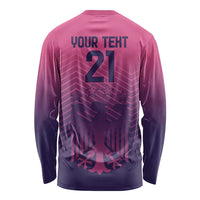 Pink long-sleeve football shirt, back view with 'YOUR TEXT 21' glowing graphic