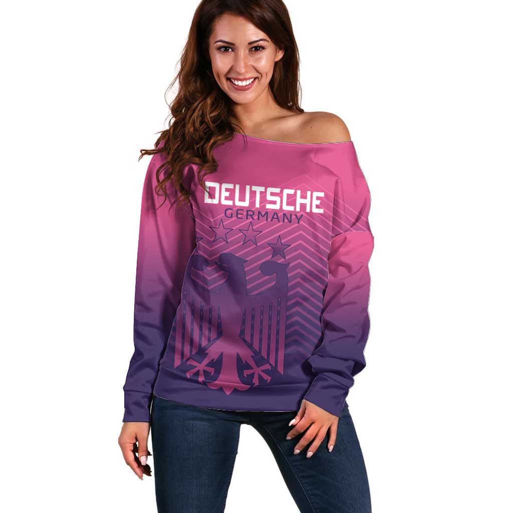 Custom Germany Football Off Shoulder Sweater Glowing Pink Line