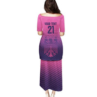 Women's long football dress, pink top with 'YOUR TEHT 21' on back, short sleeves