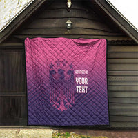 Pink and dark blue quilted blanket with diamond stitching and glowing 'DEUTSCHE' and 'YOUR TEHT'