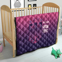 Pink and dark blue quilted baby blanket with diamond stitching and glowing 'YOUR TEHT' graphic