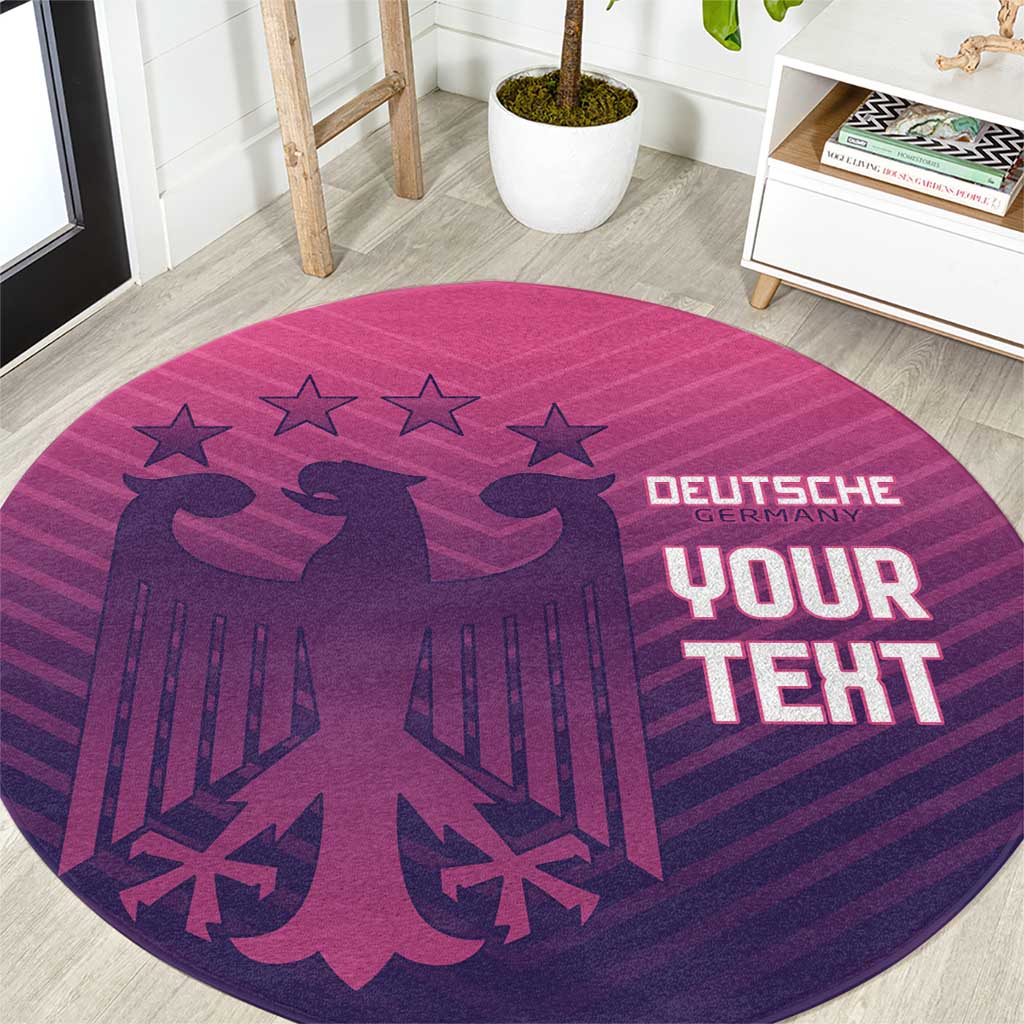 Round area rug with purple-pink football print, stars, and eagle graphic