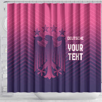 Shower curtain with Germany eagle emblem and glowing YOUR TEXT on pink and purple