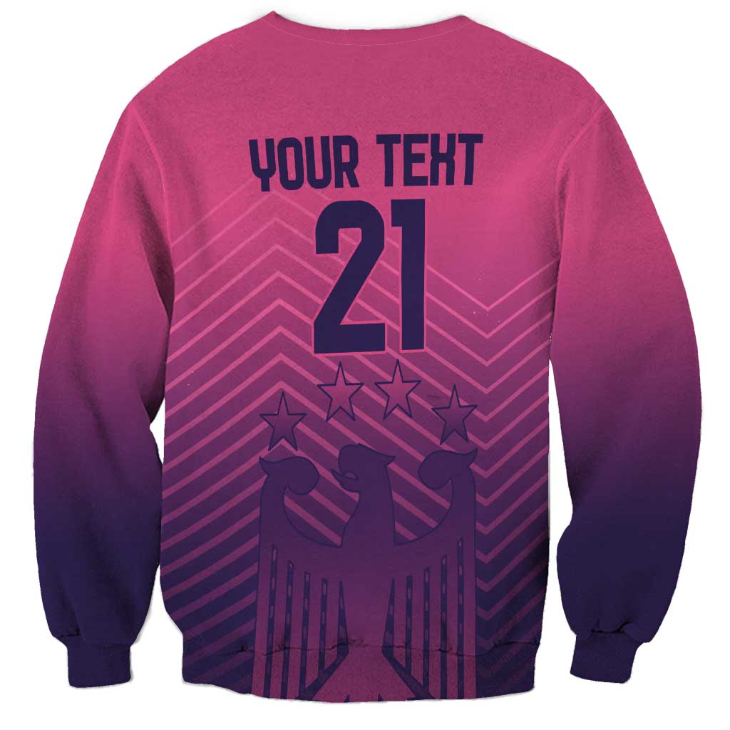 Pink crewneck sweatshirt with back print 'YOUR TEXT 21' and stars, dark cuffs