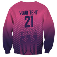 Pink crewneck sweatshirt with back print 'YOUR TEXT 21' and stars, dark cuffs