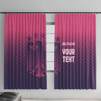 Pink and dark purple football window curtains with glowing pink line and crest graphics