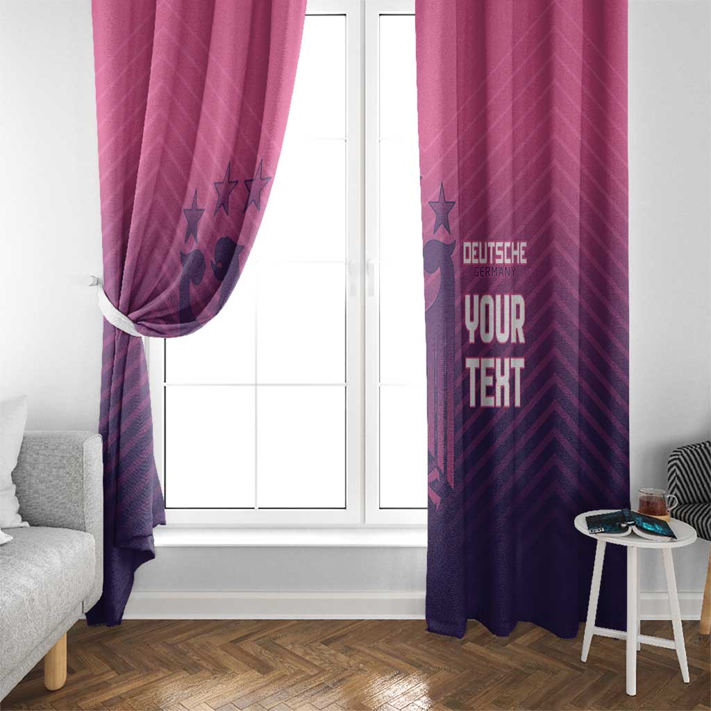 Pink and dark purple window curtain panels with tieback and crest text print