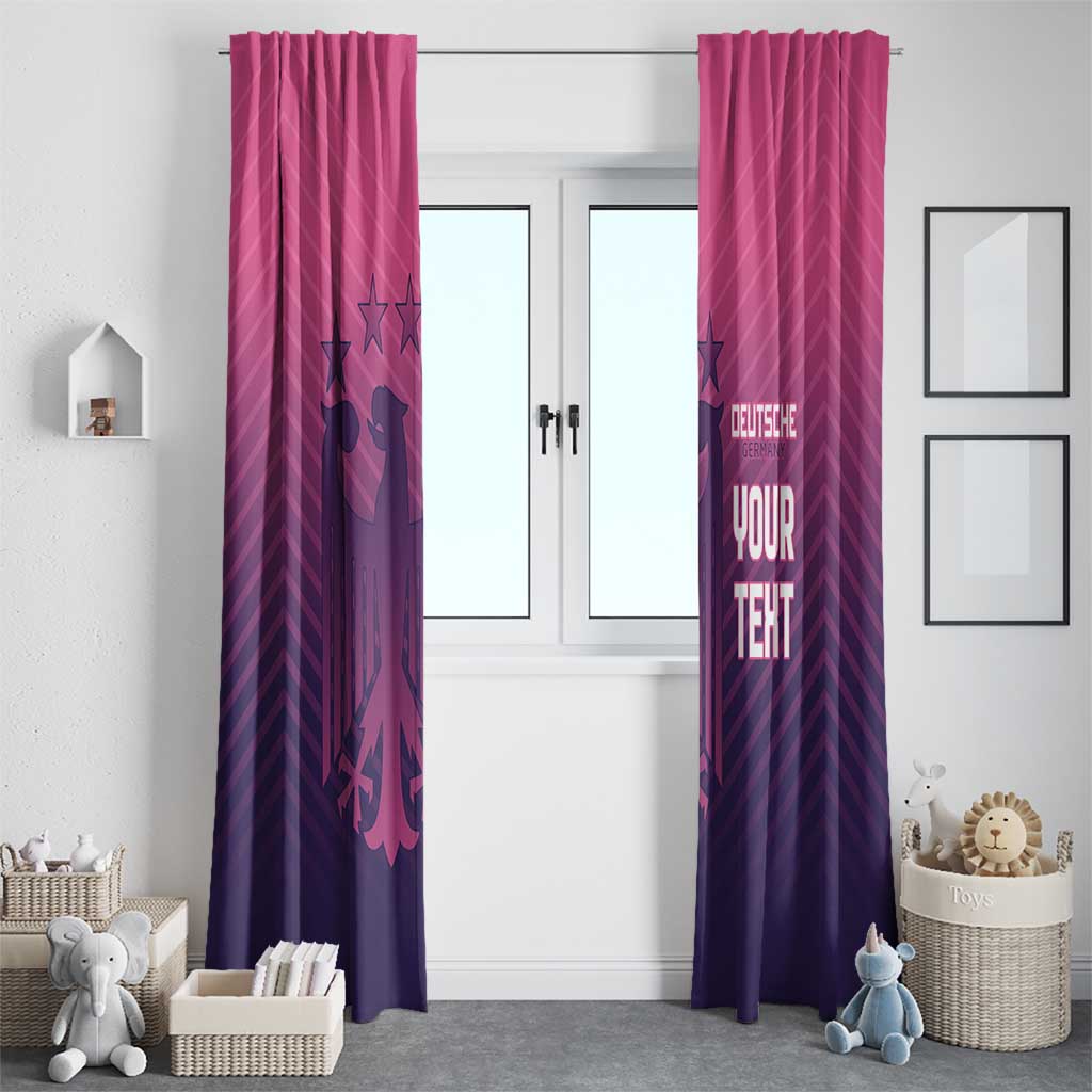 Pink and dark purple football window curtains framing a doorway with crest and text