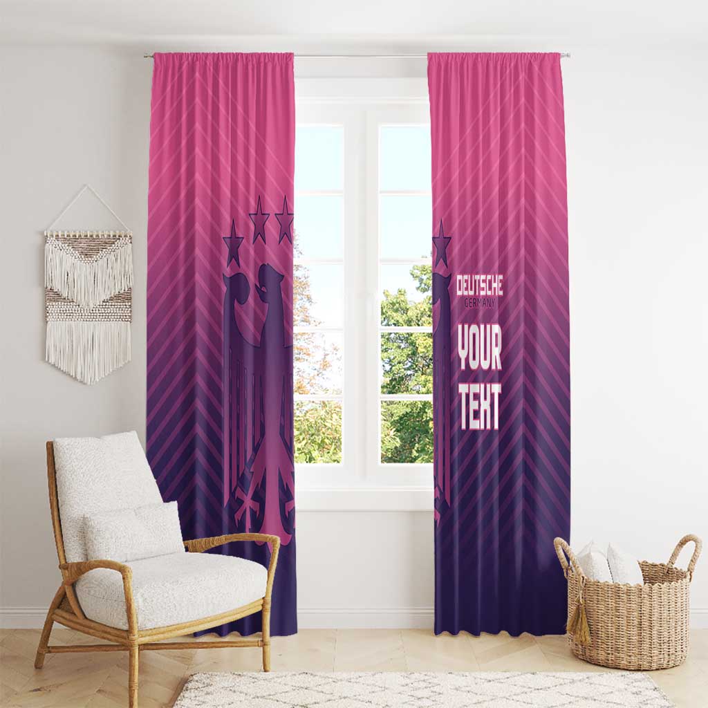 Pink and dark purple football window curtains with crest graphic and glowing text on window