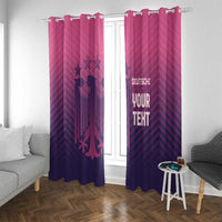 Pink and dark purple football window curtain set with hanging clips and glowing crest text