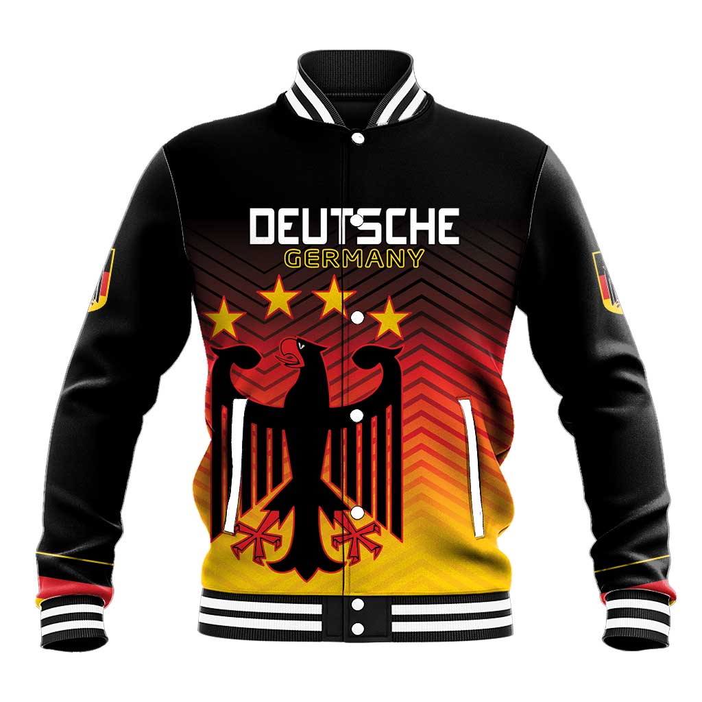Black varsity baseball jacket, ribbed collar, front buttons, 'DEUTSCHE GERMANY' print