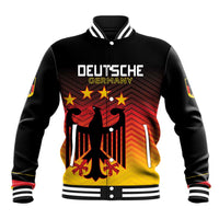 Black varsity baseball jacket, ribbed collar, front buttons, 'DEUTSCHE GERMANY' print