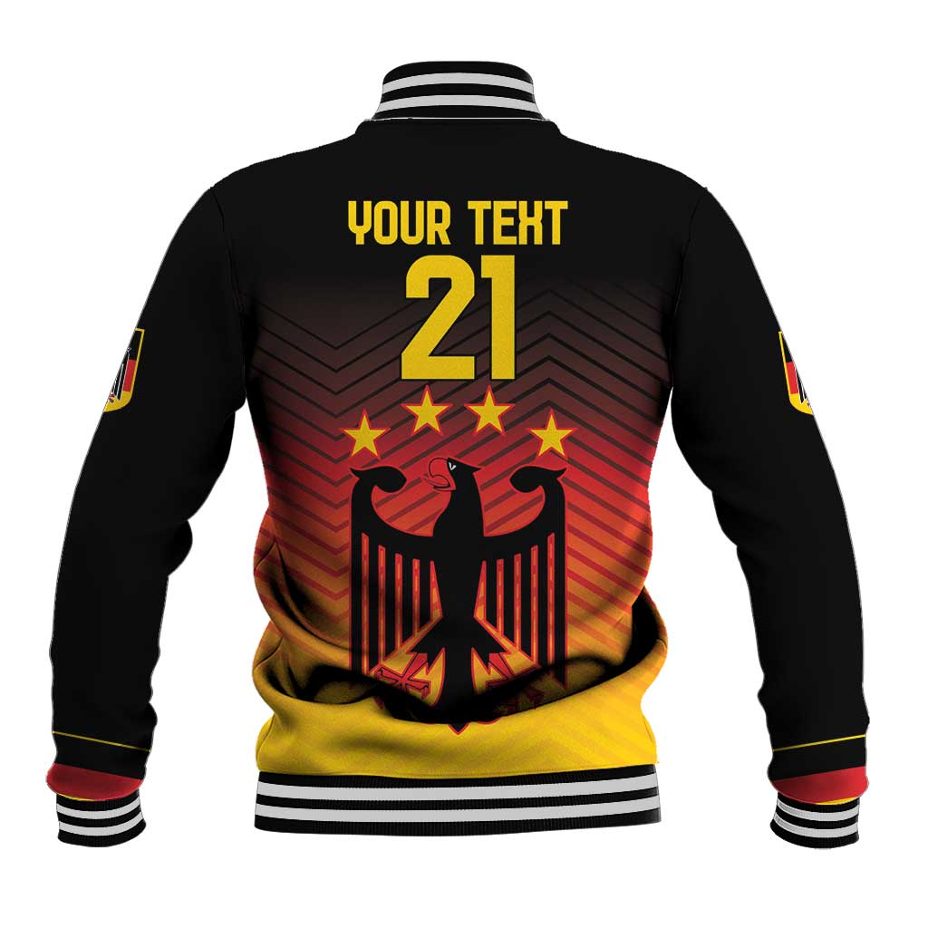 Black varsity jacket with ribbed hem, back graphic eagle, 'YOUR TEXT 21' stars