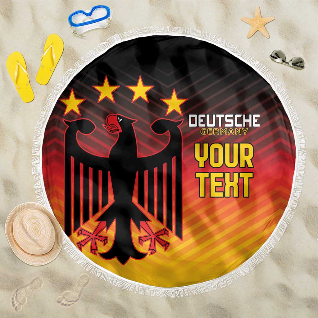 Round Germany flag beach blanket with black red gold eagle graphic and white fringe edge