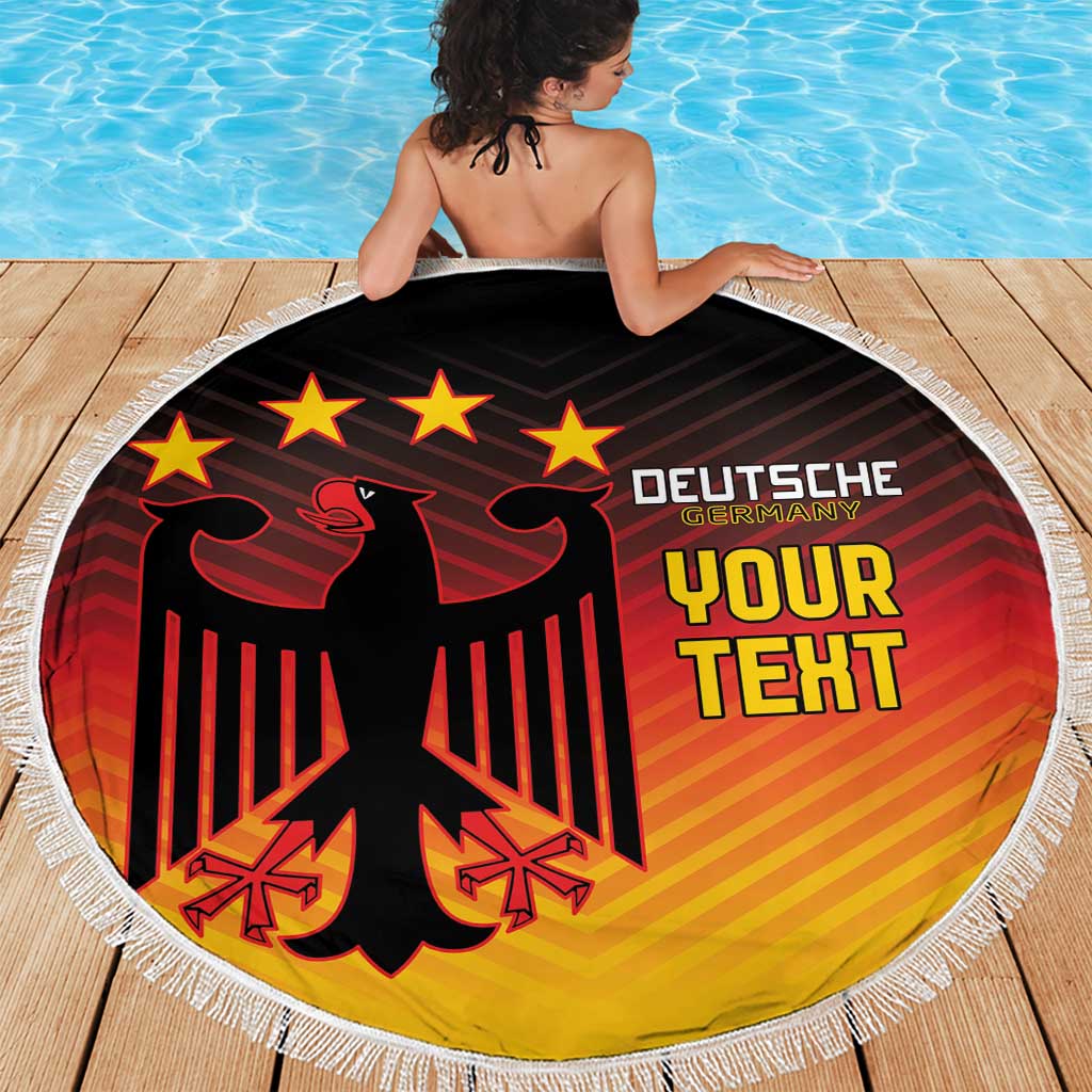 Round Germany flag beach blanket on deck with black red gold eagle emblem and white fringe