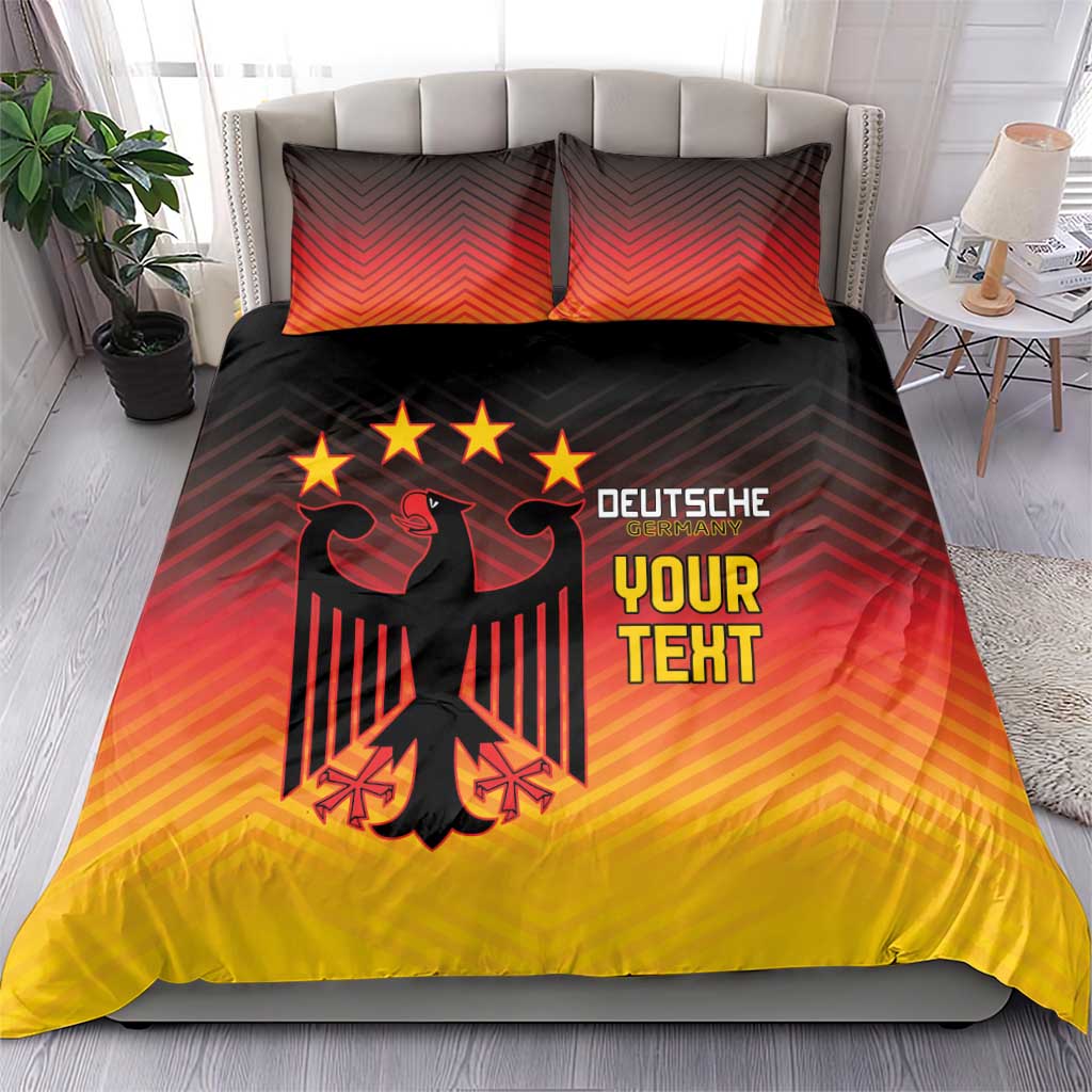 Duvet cover and pillow set with gradient red-orange-yellow pattern and black eagle graphic