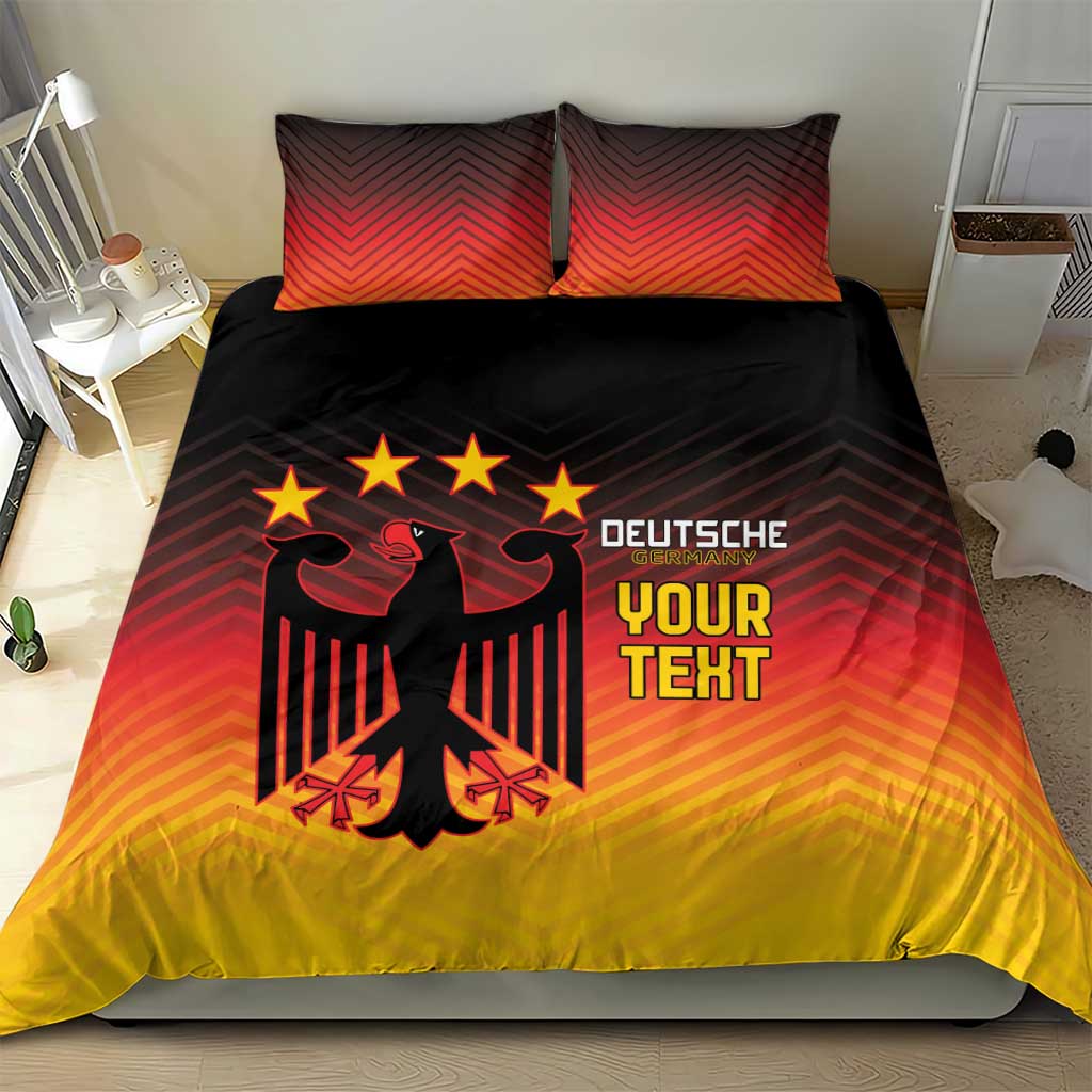 Duvet cover with gradient red-orange-yellow stripes, black eagle emblem, 'YOUR TEXT'