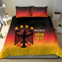 Duvet cover with gradient red-orange-yellow stripes, black eagle emblem, 'YOUR TEXT'