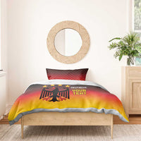 Gradient red-orange-yellow duvet cover with black eagle and star accents, 'DEUTSCHE YOUR TEXT'