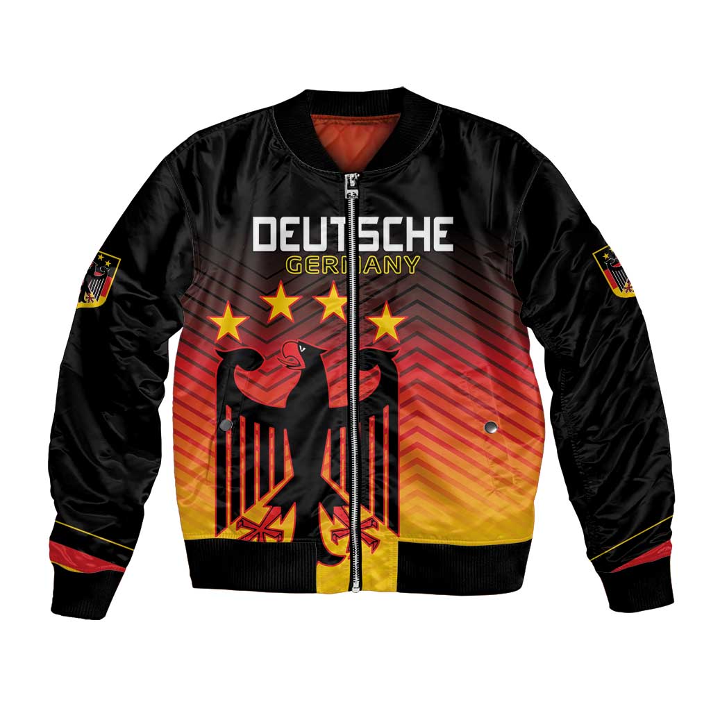 Black bomber jacket with front zip, Germany eagle and star graphic on gradient red-yellow