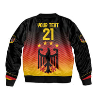 Black bomber jacket with back print 'YOUR TEXT' 21, eagle and stars on red-yellow gradient