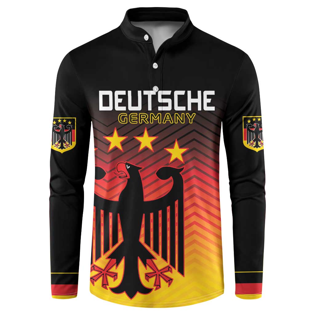 Black button-up football sweatshirt with Germany eagle graphic, red-yellow gradient