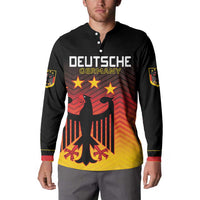 Black button-up football sweatshirt on model, DEUTSCHE GERMANY eagle graphic, red-yellow gradient