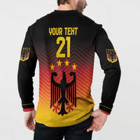 Black football sweatshirt on model, YOUR TEXT 21 back print with eagle, red-yellow gradient