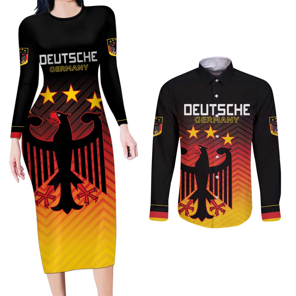 Custom Germany Football Couples Matching Long Sleeve Bodycon Dress and Long Sleeve Button Shirt Special Black Eagle Flag Style LT9 - Wonder Print Shop