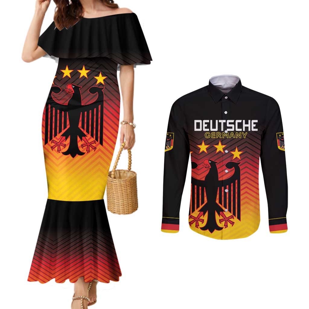 Custom Germany Football Couples Matching Mermaid Dress and Long Sleeve Button Shirt Special Black Eagle Flag Style