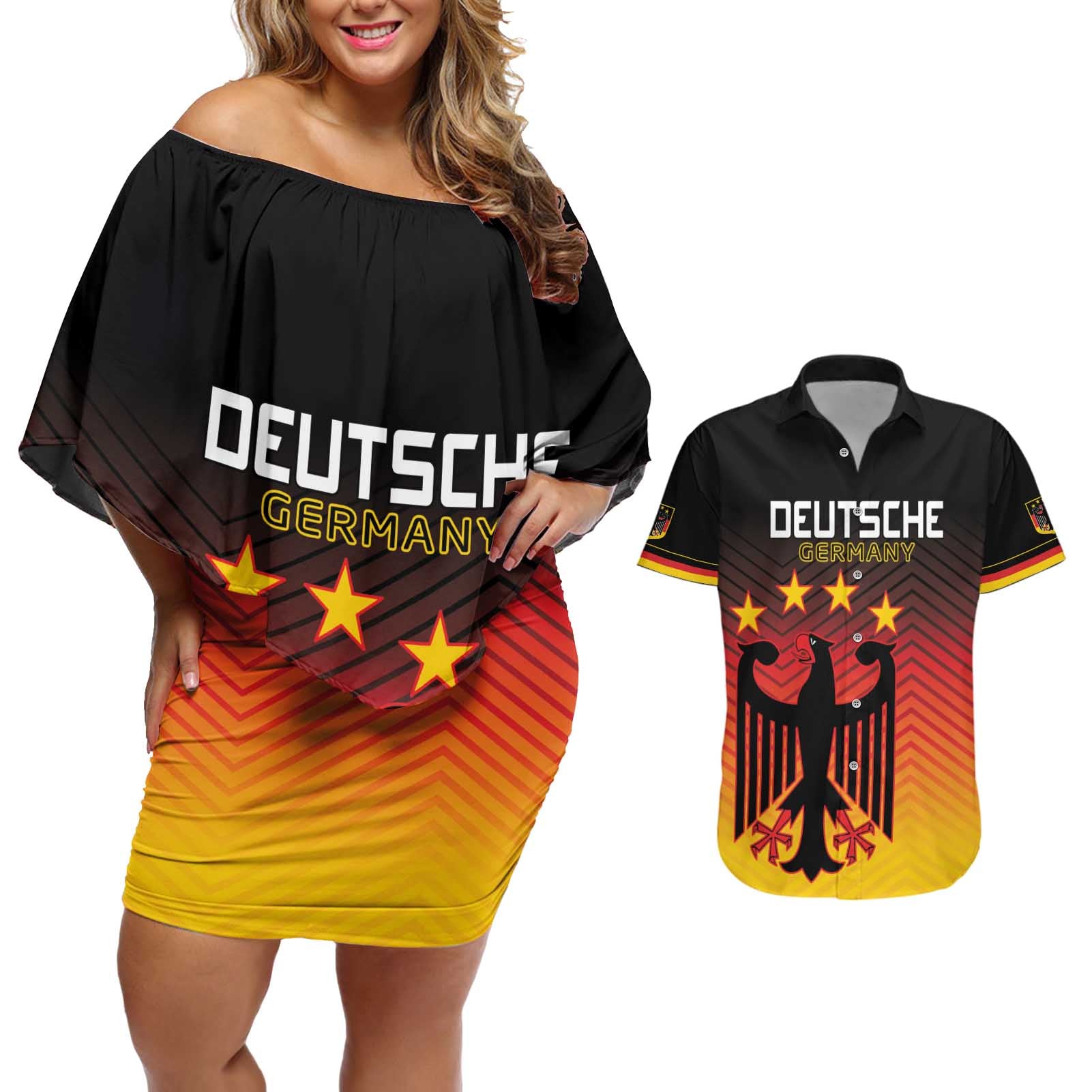 Custom Germany Football Couples Matching Off Shoulder Short Dress and Hawaiian Shirt Special Black Eagle Flag Style LT9 - Wonder Print Shop