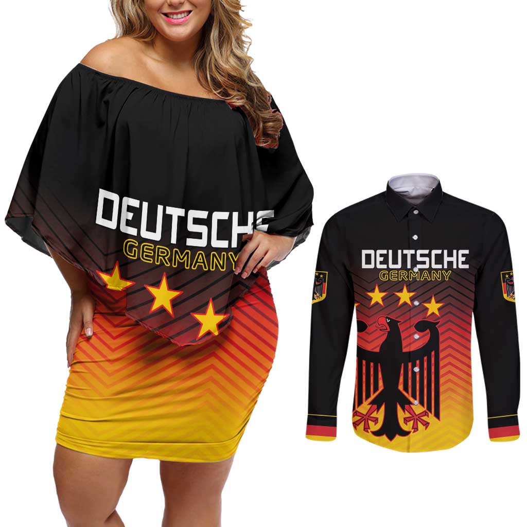 Custom Germany Football Couples Matching Off Shoulder Short Dress and Long Sleeve Button Shirt Special Black Eagle Flag Style LT9 - Wonder Print Shop