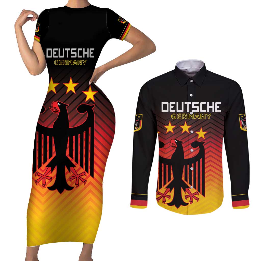 Custom Germany Football Couples Matching Short Sleeve Bodycon Dress and Long Sleeve Button Shirt Special Black Eagle Flag Style LT9 - Wonder Print Shop