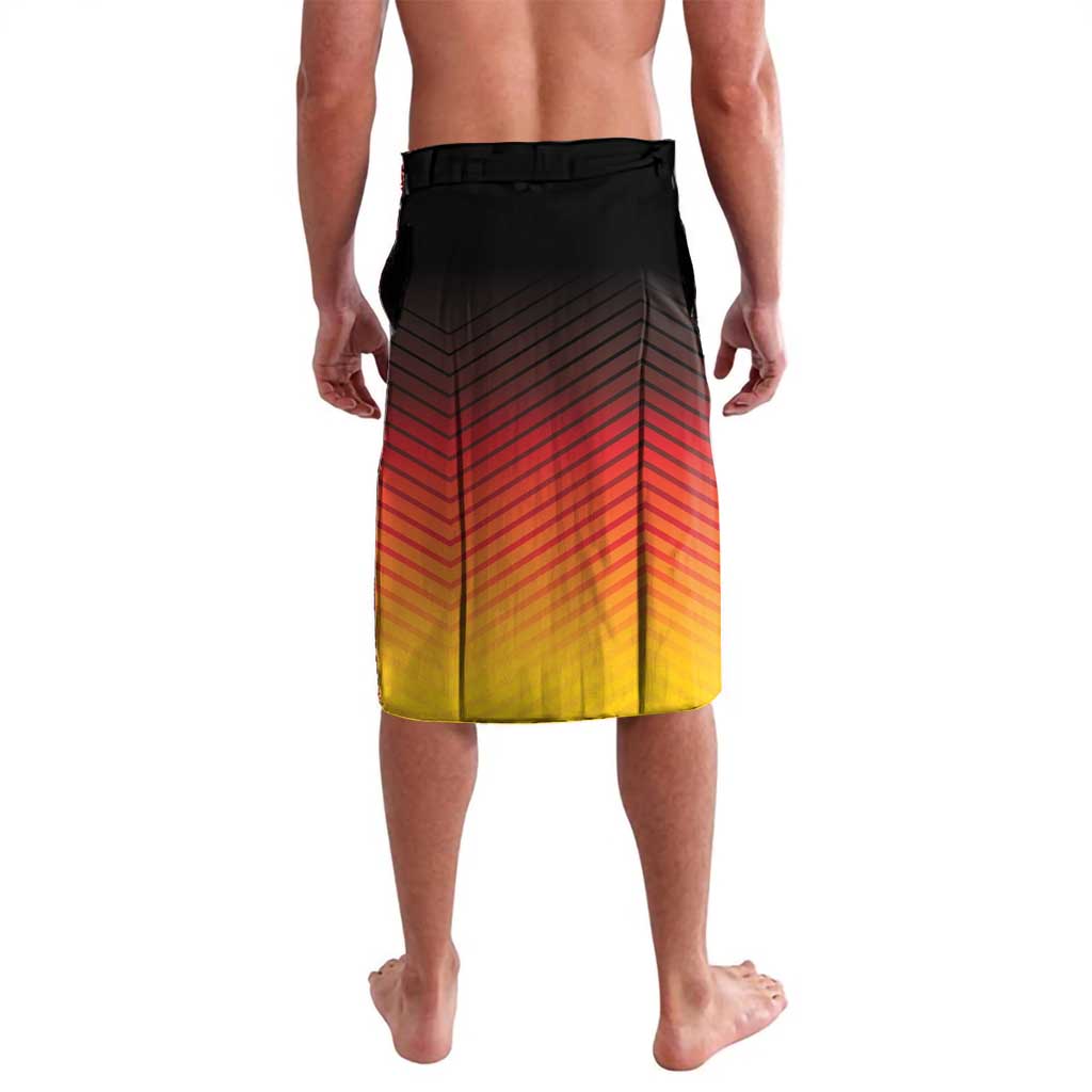 Football style shorts with black waistband and red-to-yellow gradient back panel