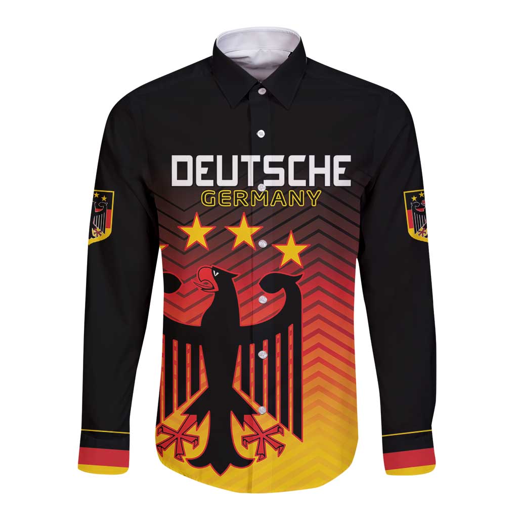 Black long sleeve button shirt with Germany eagle graphic and gradient hem