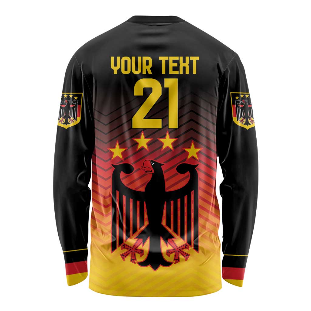 Long sleeve football shirt, black-to-gold gradient with Your Text 21 and eagle back