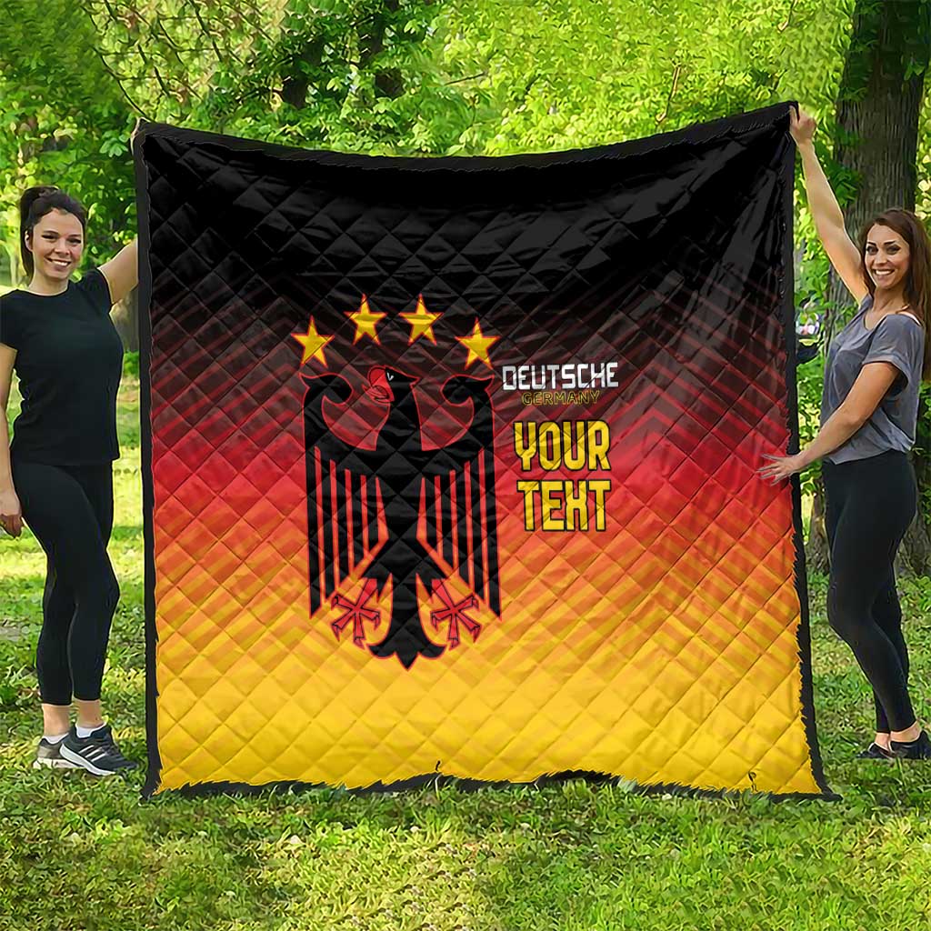 Gradient quilt blanket with black eagle crest, gold stars, and “DEUTSCHE YOUR TEXT” print